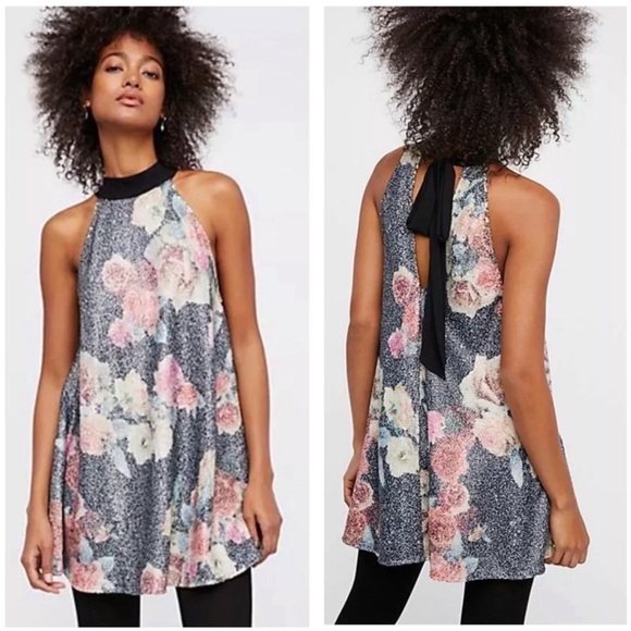 Free People Pow Wow Sequin Halter Dress Medium bow back - Picture 1 of 7